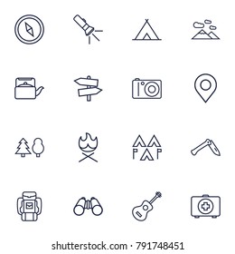 Set Of 16 Picnic Outline Icons Set.Collection Of Encampment, Compass, Bonfire And Other Elements.
