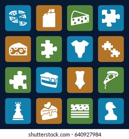 Set of 16 piece filled icons such as cheese, baby onesie, puzzle, swimsuit, pizza, cake slice, chess king