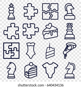 set of 16 piece outline icons such as baby onesie, puzzle, swimsuit, pizza, piece of cake, cake slice, horse chess, chess king