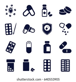 set of 16 pill filled icons such as paints, tablet, pill, medical bottle, medicine, medical pills, medicine bottle, health insurance, virus and pills