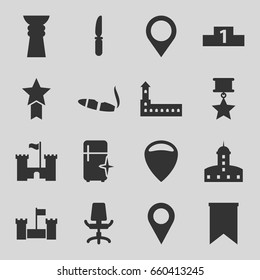 Set of 16 place filled icons such as castle, cigarette, clean fridge, knife, office chair, map location, flag, ranking