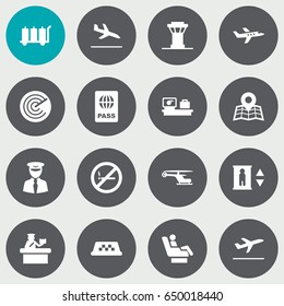 Set Of 16 Plane Icons Set.Collection Of Lift, Air Traffic Controller, Aircraft And Other Elements.