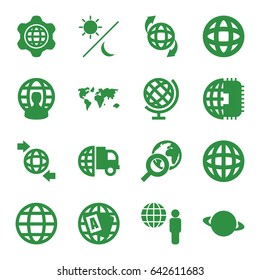 Set of 16 planet filled icons such as globe, qround the globe, sun and moon, international delivery