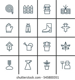 Set Of 16 Plant Icons. Includes Barrier, Bailer, Rubber Boot And Other Symbols. Beautiful Design Elements.