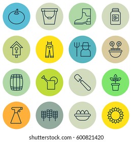 Set Of 16 Plant Icons. Includes Rubber Boot, Sprinkler, Cask And Other Symbols. Beautiful Design Elements.
