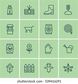 Set Of 16 Planting Icons. Includes Decorative Plant, Garden Clothes, Fertilizer And Other Symbols. Beautiful Design Elements.