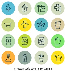 Set Of 16 Planting Icons. Includes Grains, Garden Clothes, Protection Mitt And Other Symbols. Beautiful Design Elements.