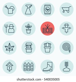 Set Of 16 Planting Icons. Includes Birdhouse, Sprinkler, Fire Tube And Other Symbols. Beautiful Design Elements.