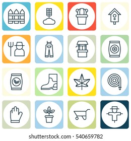 Set Of 16 Planting Icons. Includes Garden Clothes, Barrier, Birdhouse And Other Symbols. Beautiful Design Elements.