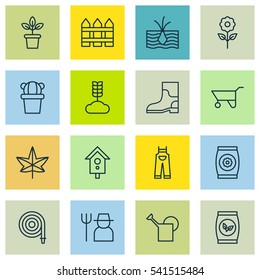 Set Of 16 Planting Icons. Includes Fire Tube, Desert Plant, Flowerpot And Other Symbols. Beautiful Design Elements.