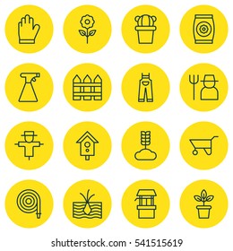 Set Of 16 Planting Icons. Includes Garden Clothes, Birdhouse, Flowerpot And Other Symbols. Beautiful Design Elements.