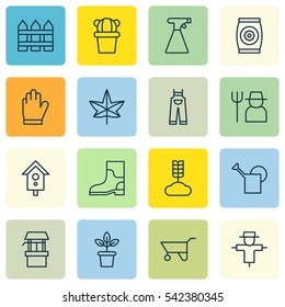 Set Of 16 Planting Icons. Includes Bailer, Grower, Autumn Plant And Other Symbols. Beautiful Design Elements.