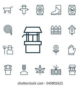 Set Of 16 Planting Icons. Includes Protection Mitt, Rubber Boot, Desert Plant And Other Symbols. Beautiful Design Elements.