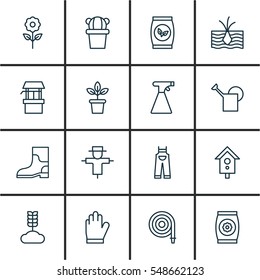 Set Of 16 Planting Icons. Includes Bailer, Birdhouse, Sprinkler And Other Symbols. Beautiful Design Elements.