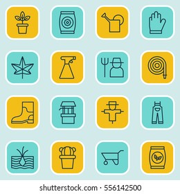 Set Of 16 Planting Icons. Includes Growing Plant, Fertilizer, Bugbear And Other Symbols. Beautiful Design Elements.