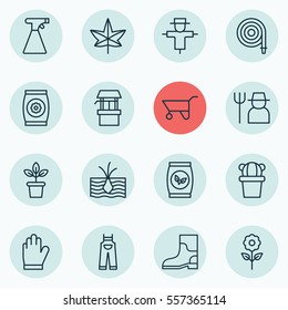 Set Of 16 Planting Icons. Includes Sprinkler, Bugbear, Growing Plant And Other Symbols. Beautiful Design Elements.