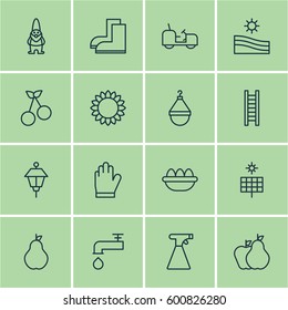 Set Of 16 Planting Icons. Includes Hanger, Protection Mitt, Gardening Shoes And Other Symbols. Beautiful Design Elements.