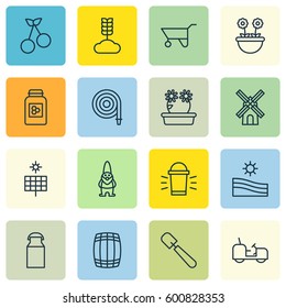 Set Of 16 Planting Icons. Includes Sun Power, Jar, Shovel And Other Symbols. Beautiful Design Elements.