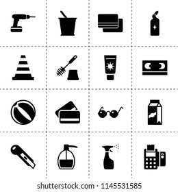 Set of 16 plastic filled icons such as credit card, bucket, pos terminal, spray bottle, liquid soap, drain cleaner, toilet brush, vhs, cone barrier, stationery knife, drill