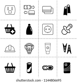 Set of 16 plastic filled and outline icons such as detergent bottle, clothes peg, cleaning powder, 3d glasses, credit card, shopping basket, flippers, safety helmet, socket