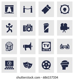 Set Of 16 Pleasure Icons Set.Collection Of Loudspeakers, Beverage, Photography And Other Elements.