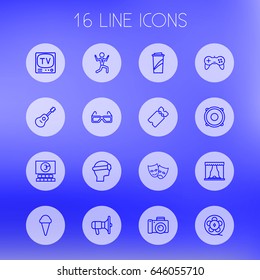 Set Of 16 Pleasure Outline Icons Set.Collection Of Ticket, Tv Set, Film Role And Other Elements.