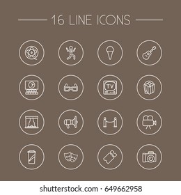 Set Of 16 Pleasure Outline Icons Set.Collection Of 3D Glasses, Masks, Photo Camera And Other Elements.
