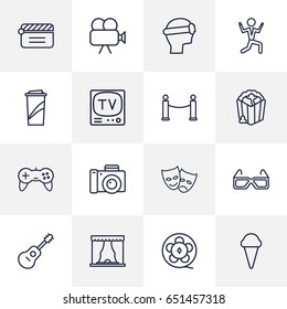 Set Of 16 Pleasure Outline Icons Set.Collection Of Theater, Tv Set, Soft Drink And Other Elements.