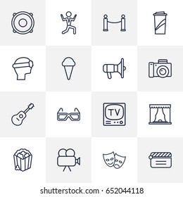 Set Of 16 Pleasure Outline Icons Set.Collection Of Masks, Barrier Rope, Tv Set And Other Elements.