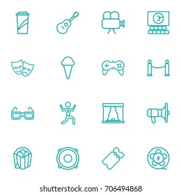 Set Of 16 Pleasure Outline Icons Set.Collection Of Popcorn, Cinema, 3D Glasses And Other Elements.