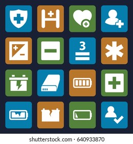 Set of 16 plus filled icons such as battery, medical sign, 3 allowed, add favorite, add friend, hospital, ful battery, light exposure, plus, minus