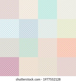 Set of 16 polka dot backgrounds. Seamless patterns for the decor of children's rooms, toys and umbrellas. Endless patterns for baby clothes and textiles. Vector illustration. Pastel colors.