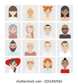 Set of 16 portraits of different men and women for teamwork