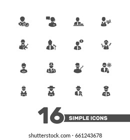 Set Of 16 Position Icons Set.Collection Of Coder, Actor, Officer And Other Elements.