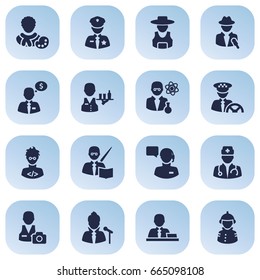 Set Of 16 Position Icons Set.Collection Of Fireman, Leaner, Driver And Other Elements.