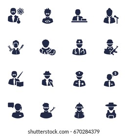 Set Of 16 Position Icons Set.Collection Of Fireman, Actor, Rancher And Other Elements.