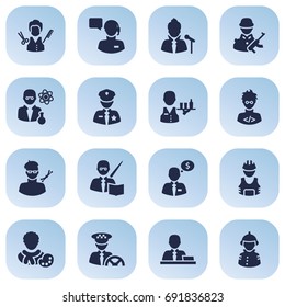 Set Of 16 Position Icons Set.Collection Of Scholarly, Fireman, Manager And Other Elements.