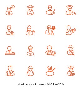 Set Of 16 Position Outline Icons Set.Collection Of Reporter, Programmer, Banker And Other Elements.