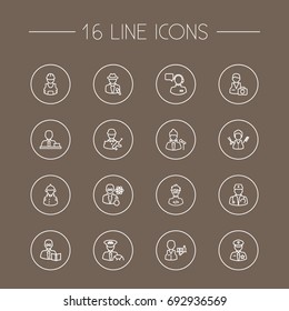 Set Of 16 Position Outline Icons Set.Collection Of Policeman, Soldier, Manager And Other Elements.