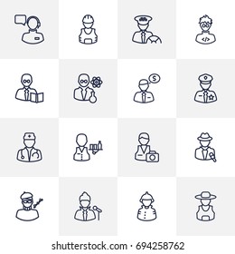 Set Of 16 Position Outline Icons Set.Collection Of Firefighter, Teacher, Doctor And Other Elements.