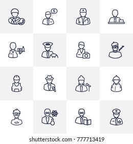 Set Of 16 Position Outline Icons Set.Collection Of Teacher, Firefighter, Policeman And Other Elements.