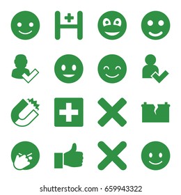 set of 16 positive filled icons such as smiling emot, facepalm emot, hospital, cross, smiley, add user, broken battery, thumbs up, magnet, user and tick