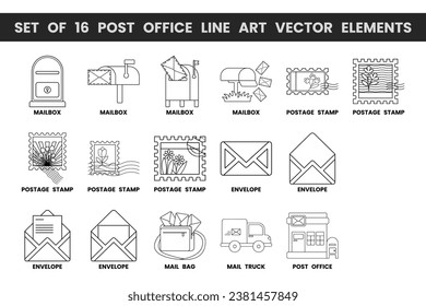 Set of 16 post office line art vector elements. Vector illustrations with post office theme and line art vector style. Editable vector.