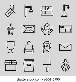 Set of 16 post outline icons such as stamp, parcel, mail, street lamp.