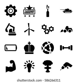 Set of 16 power filled icons such as mill, barbell, Jackpot, drill, excavator, atom, low battery, gear, light bulb, muscular arm, tank, dynamite, crown