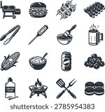 A set of 16 premium black and white flat icons for barbecue and grilling. The collection features detailed graphics of an offset smoker, a hamburger, shrimp kebabs, ribs, tongs, a thermometer, a basting brush, a charcoal chimney, corn, a side dish, a soda can, charcoal, lighter fluid, a fire pit, crossed spatula and fork, and buns, organized in a minimalist grid pattern.