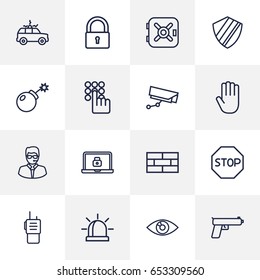 Set Of 16 Procuring Outline Icons Set.Collection Of Weapon , Hand , Protection Elements.