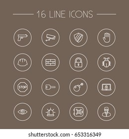 Set Of 16 Procuring Outline Icons Set.Collection Of Virus, No Entry, Weapon And Other Elements.