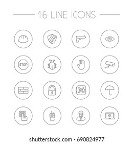Set Of 16 Procuring Outline Icons Set.Collection Of Protection, Lock, Walkie-Talkie And Other Elements.