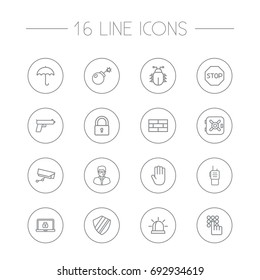 Set Of 16 Procuring Outline Icons Set.Collection Of No Entry, Bodyguard, Protection And Other Elements.